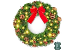 Brightown 24 Inch Pre-Lit Christmas Wreaths for Front Door, IP44 Battery Operated 50 LED Christmas Wreath, Decor with Pinecones Pine Needles Branches Red Berry Mini Bow for Front Door Wall Window