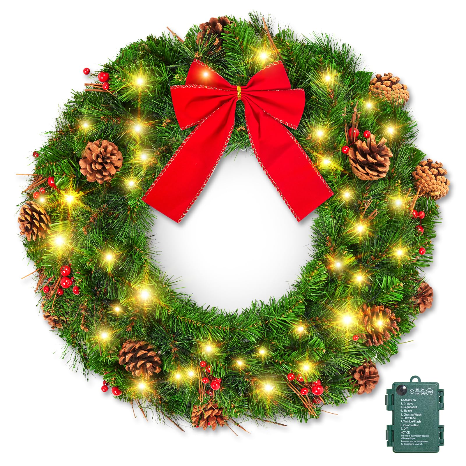 Photo 1 of Brightown 24 Inch Pre-Lit Christmas Wreaths for Front Door, IP44 Battery Operated 50 LED Christmas Wreath, Decor with Pinecones Pine Needles Branches Red Berry Mini Bow for Front Door Wall Window