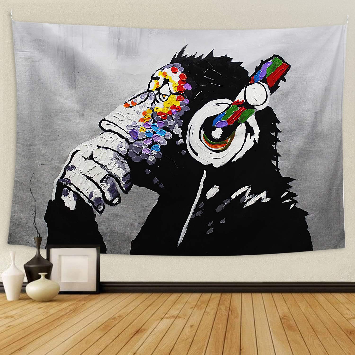 BOOPBEEP Small Tapestry Music Banksy Headphone Monkey Theme Tapestry Wall Hanging Polyester Tapestries with HD Prints/Lightweight/Soft/No-fading for Dorm, Bedroom, Livingroom Decor (40 x60Inch)