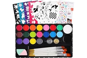 CCbeauty 180pcs Face Painting Kit for kids - 20 Water Based Kids Face Paint Non Toxic Sensitive Washable with 40+4 Reusable Stencils 6 Wood Brushes Glitter,Christmas Birthday Cosplay Costume Party
