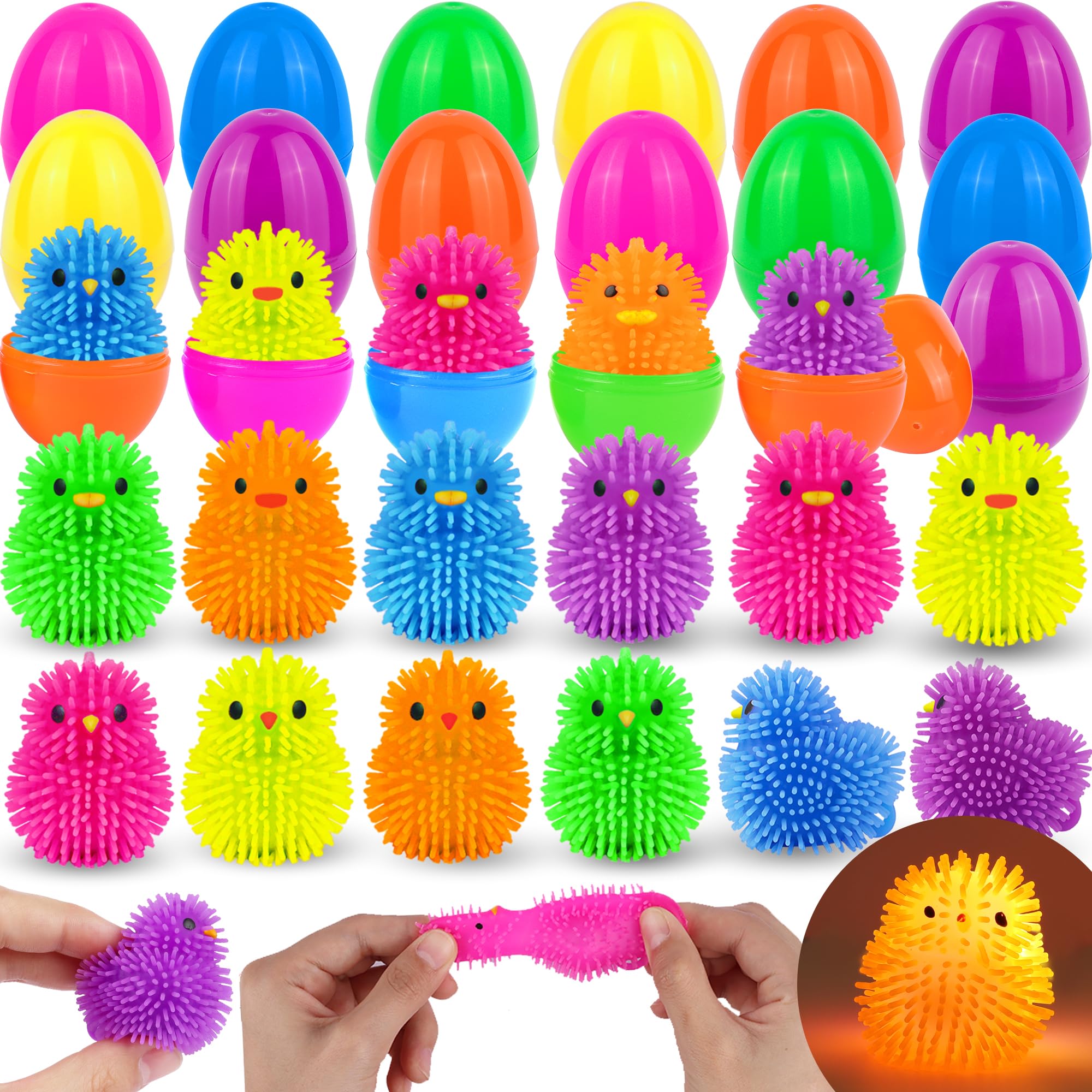 Photo 1 of 18 Pack Easter Eggs Filled Chick Duck LED Puffer Balls Easter Egg Fillers, Light Up Squeeze Sensory Ball Fidget Toys Easter Eggs Hunts Party Favors, Easter Basket Stuffers for Kids Tenns Boys Girls