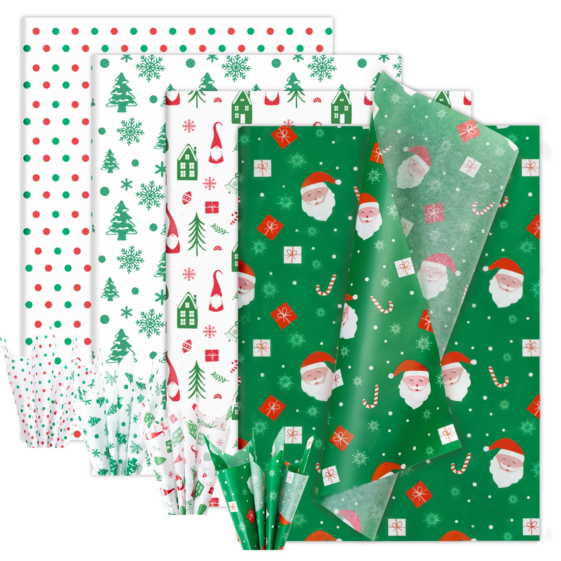 Larcenciel Christmas Tissue Paper, Green Red Xmas Tissue Paper for Wrapping Gifts & Gift Bags, Father Christmas Gnome Polka Dot Wrapping Paper for Packaging Craft DIY Party Decor (50x35cm, 60PCS)