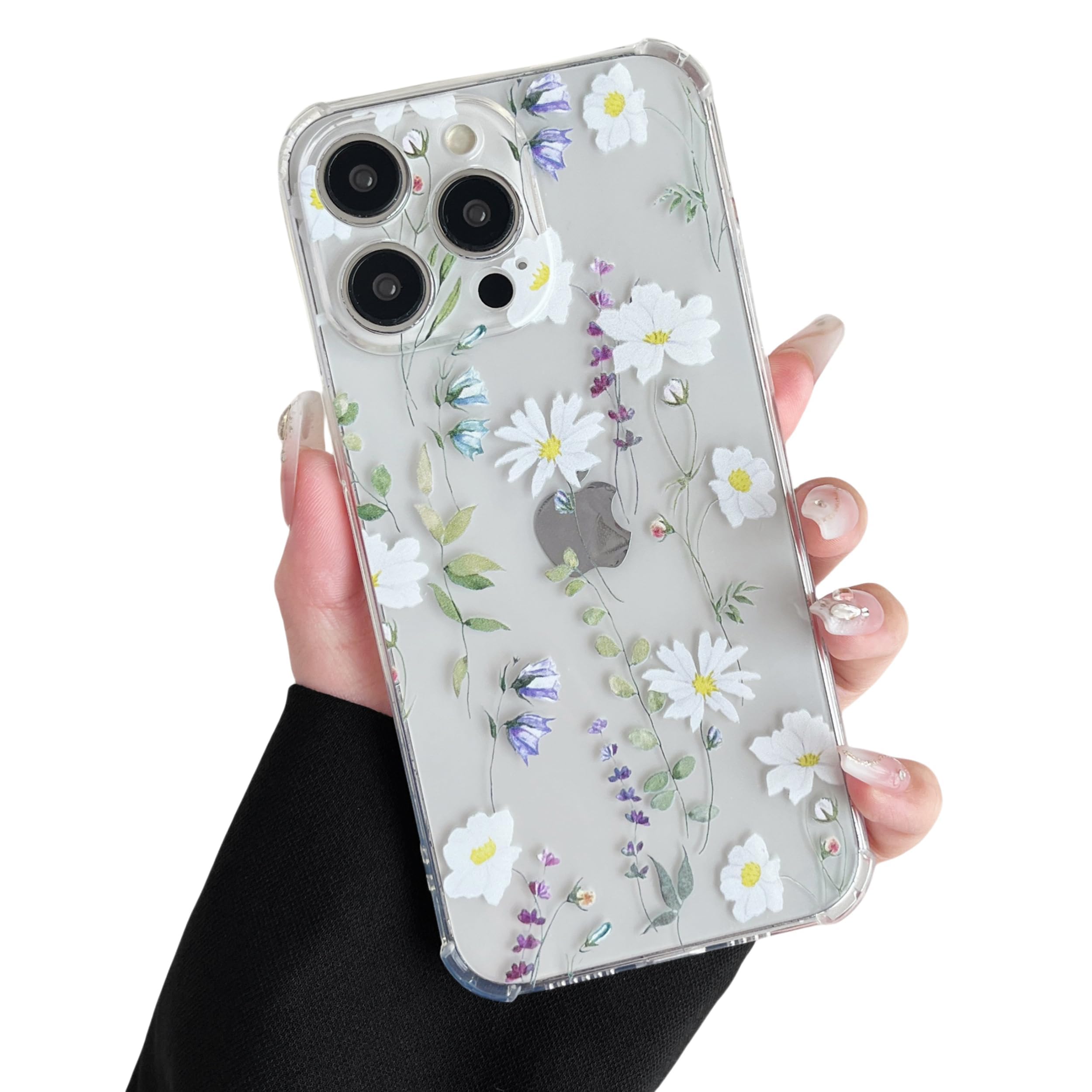 DEFBSC Compatible with iPhone 16 Pro Case, Clear Floral Flower Pattern Print Design for Girls Women Flexible Shockproof Soft TPU Bumper Protective Phone Case - White Cosmos