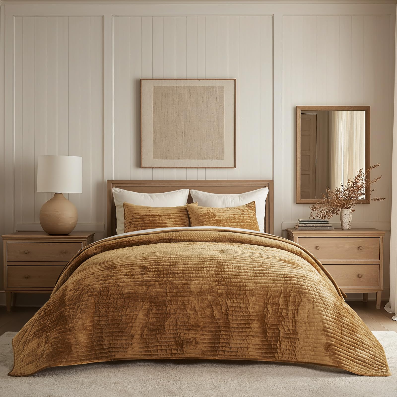 Photo 1 of EVERGRACE Velvet Quilt Set King Size, Luxurious Soft Striped Channel Bedding Set, Lightweight Velvet Comforter for All Season, Oversized Bedspread Coverlet with 2 Matching Shams, Gold Yellow