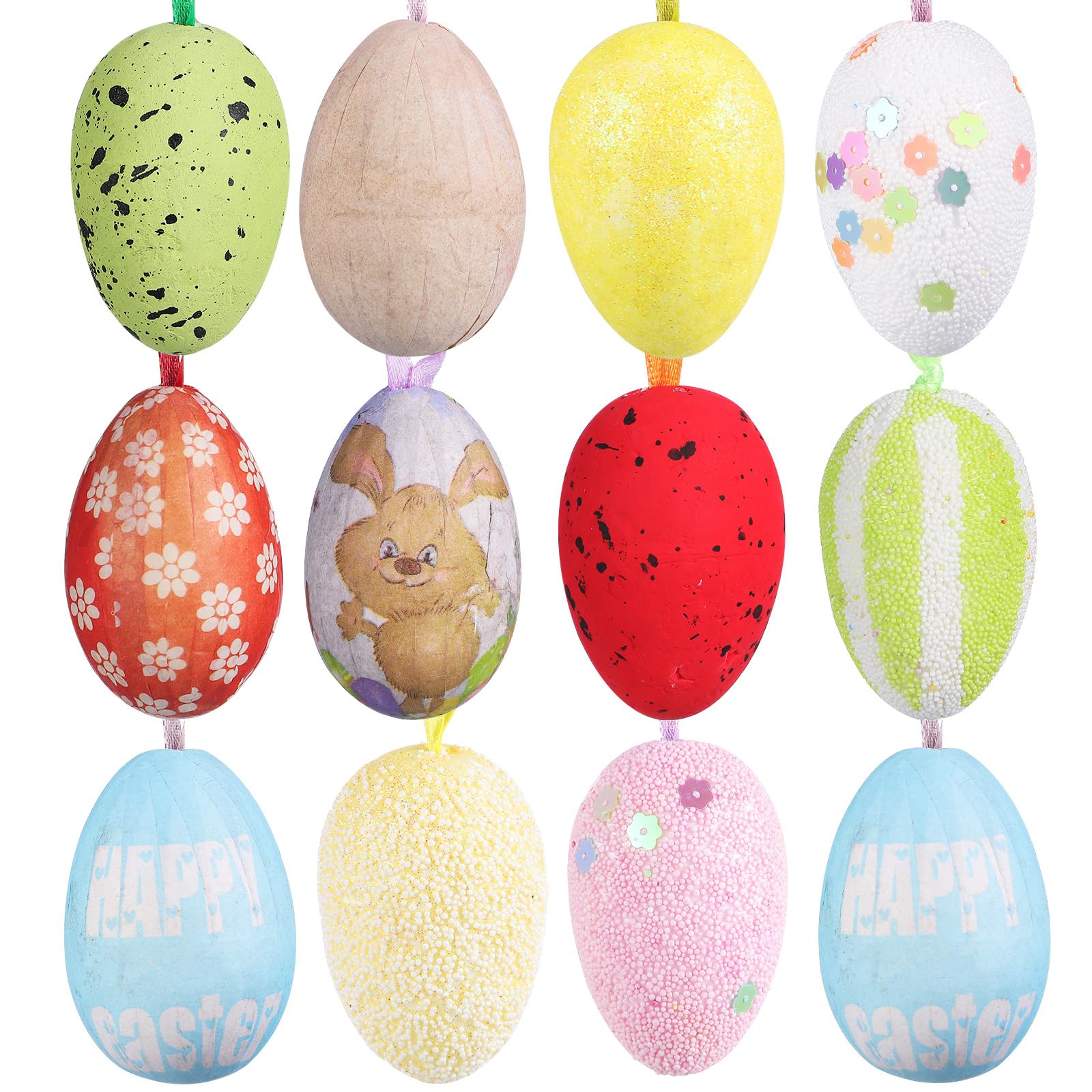 NUOBESTY 12pcs Colorful Glitter Easter Egg Hanging Ornaments Foam Egg Tree Pendants for Easter Party Decoration