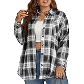 VISLILY Plus-Size-Tops for Women Casual Button Down Flannel Plaid Shirts Long Sleeve Tunics Collared Dressy Blouses XL-5XL