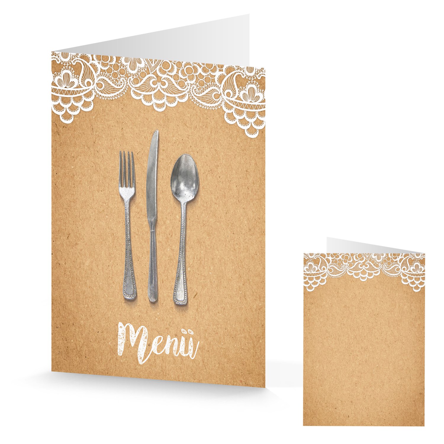 Logbuch-Verlag 10 Rustic Menu Cards Brown White Kraft Paper Look Printed with Lace – Blank Menus as Table Decoration for Wedding Christening Birthday