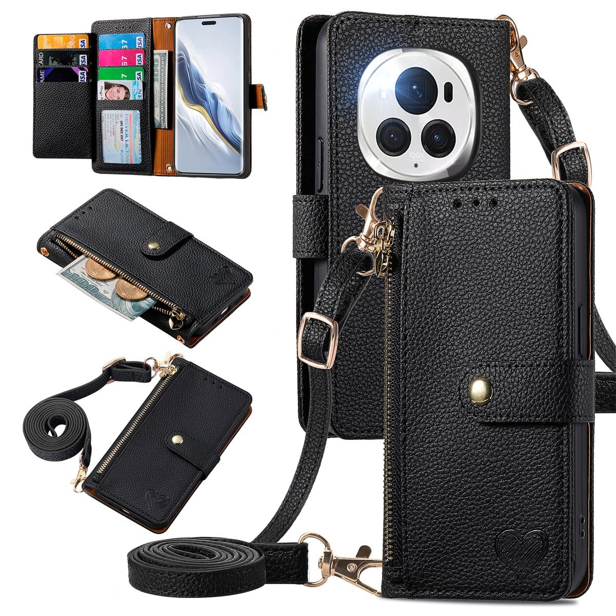 MOJIA Flip Case For Honor Magic 6 Pro / Magic6 Pro, Leather Zipper Flip Wallet Case Cover [with Shoulder Belt], Card Holder Multifunctional Anti-fall Phone Shell. Black — image 1