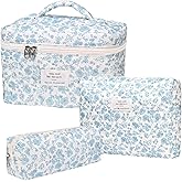 PGAXM 3PCS Makeup Bag,Quilted Cosmetic Bag,Large Floral Makeup Bag for Women,Cute Cotton Cosmetic Bag Set,Travel Toiletry Bag For Women(White blue)