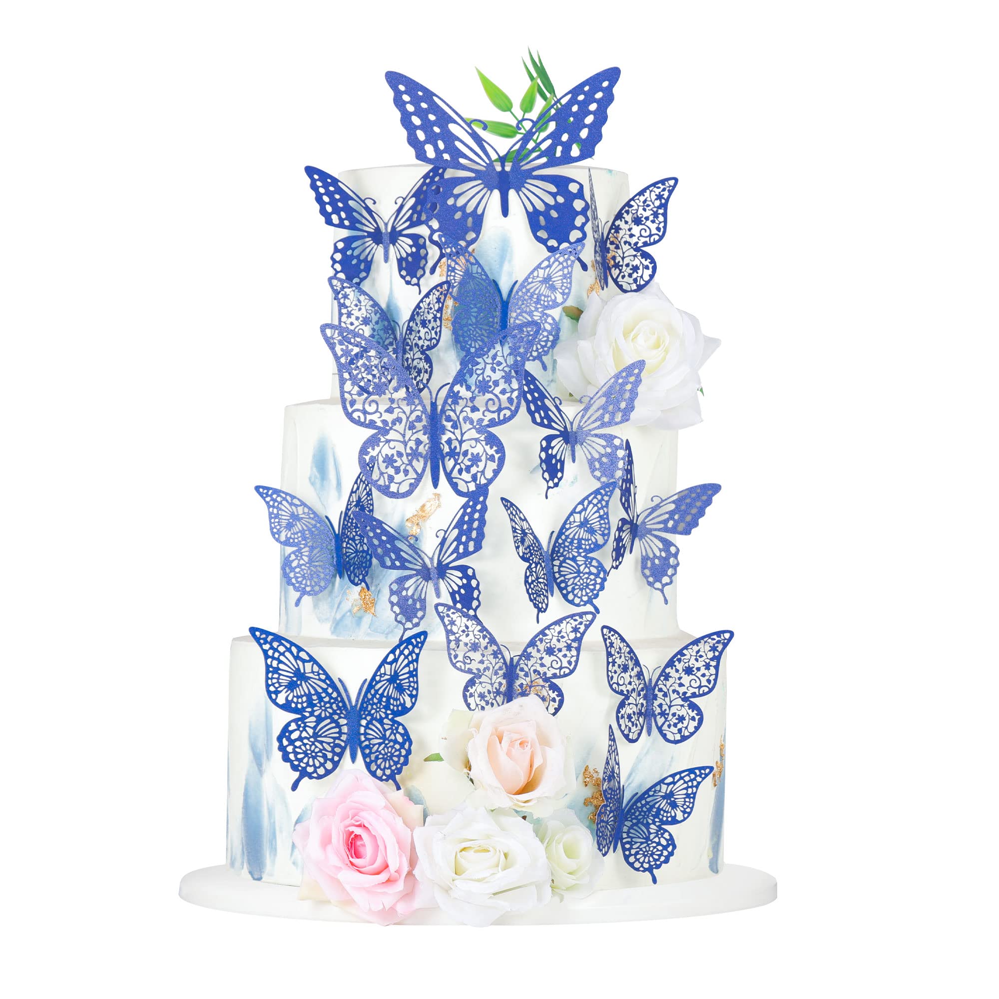 36 Pack Lively 3D Butterfly Cupcake Toppers Hollow Butterfly Cake Decorations for Birthday Wedding Fairy Party Butterfly Wall Sticker Decal for Background Wall Decoration Blue Glitter