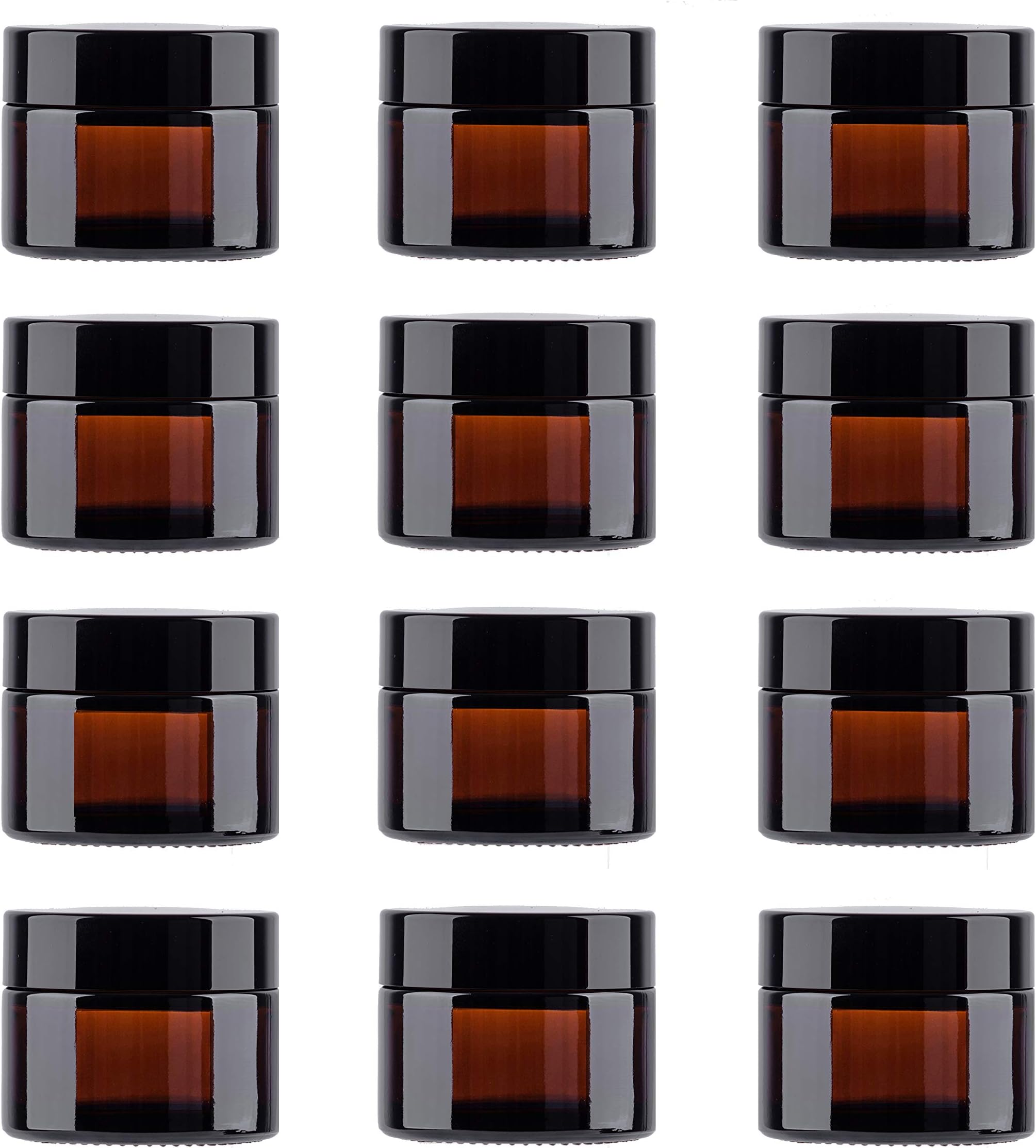 Snow Diamond 50ml 1.75 oz Empty Amber Round Glass Jars, with White Inner Liners and black Lids, High End Glass Containers for Salve Cream, Premium Vials (50ml / 1.7 oz, 12 Pack)