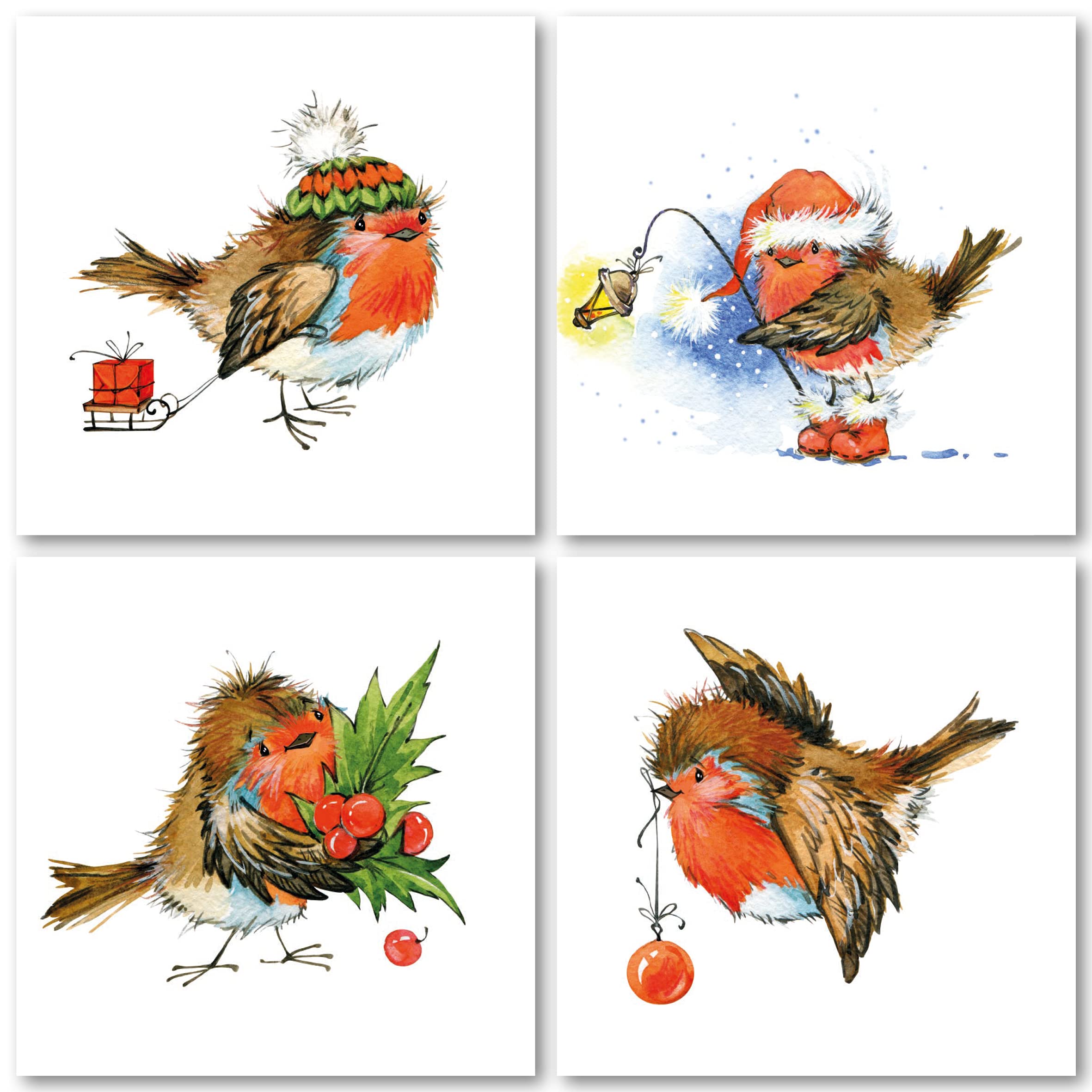Charity Christmas Cards Pack of 32. Each Christmas Card Multipack has 4 Different Fun Robin Designs. Ecofriendly and UK Made. Verse Inside. Small 100 x 100mm Card Size.
