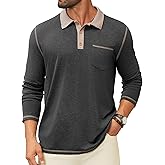 Hardaddy Men's Long Sleeve Casual Polo Shirts Collared Contrast Color Lightweight Golf Shirt with Pocket