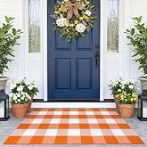 KOZYFLY Buffalo Plaid Rugs 2.3x3.6 ft Halloween Orange White Front Door Mat | Washable Fall Rug, Woven Indoor Outdoor Rug for Front Porch, Cotton Checkered Doormat for Farmhouse Kitchen Entryway Decor