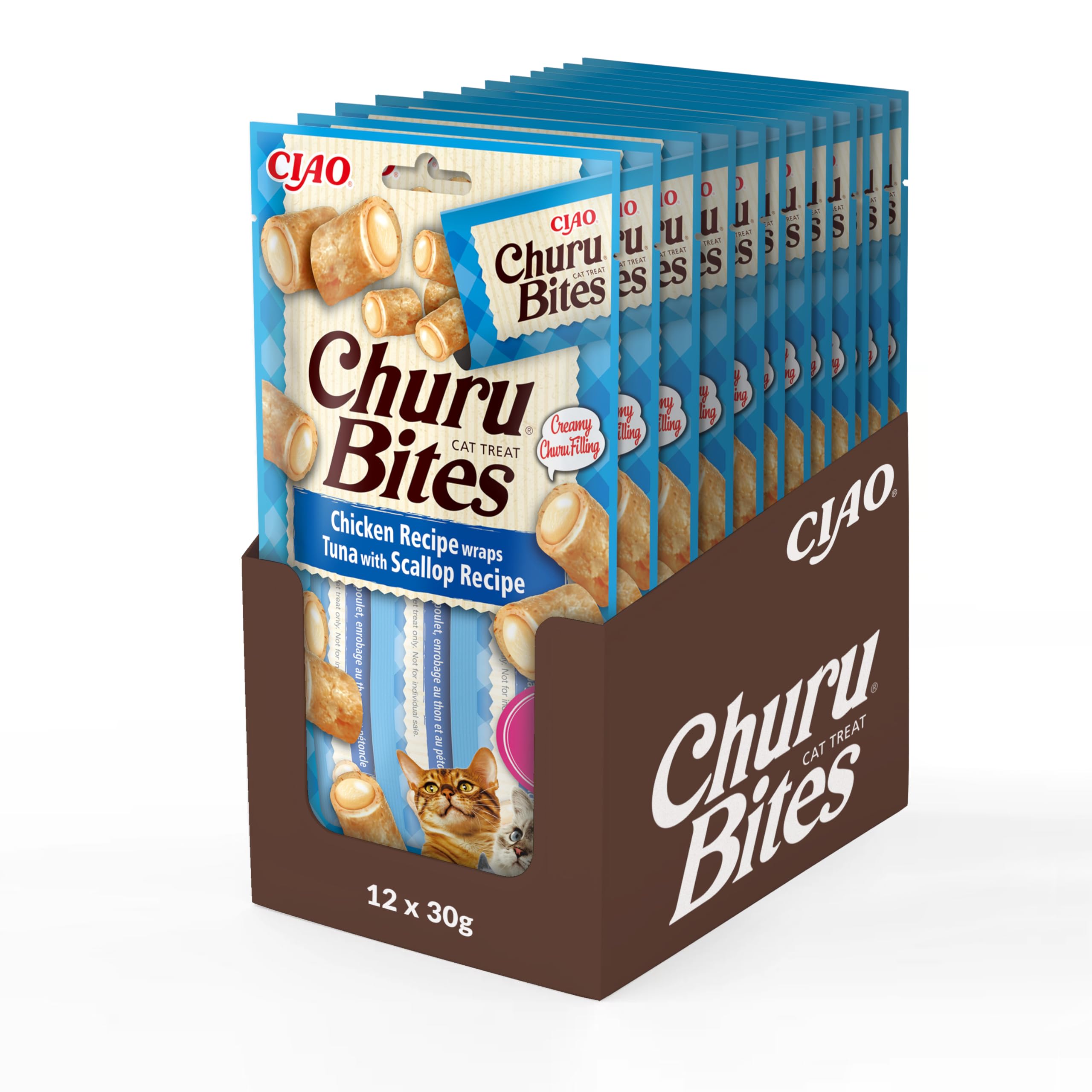 Ciao Churu Bites by INABA Cat Treat - Chicken, Tuna & Scallop Flavour 12 Pack (36 x 10g) / Crispy Pouches with Creamy Filling, Delicious & Healthy Snack for Cats, Hand Feeding, Natural, Grain Free