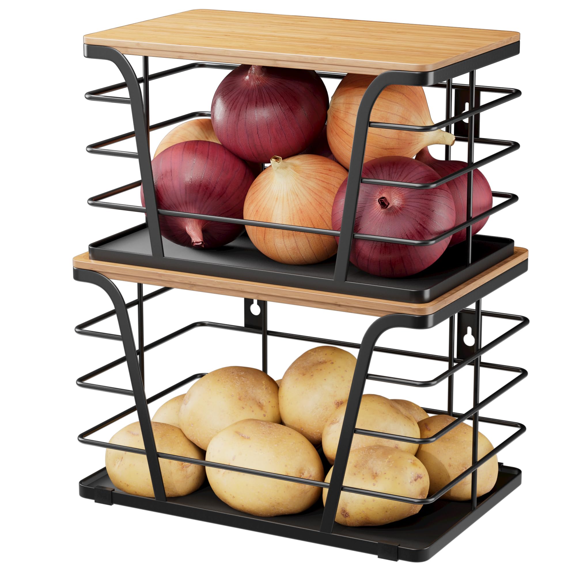 Photo 1 of 2 Pack Potato and Onion Storage Bins, Stackable Kitchen and Pantry Organizer with Bamboo Top & Lightweight PP Mat, for Vegetables, Fruit, Onion, Potato, Garlic - Pantry, Kitchen Storage Bins (Black)