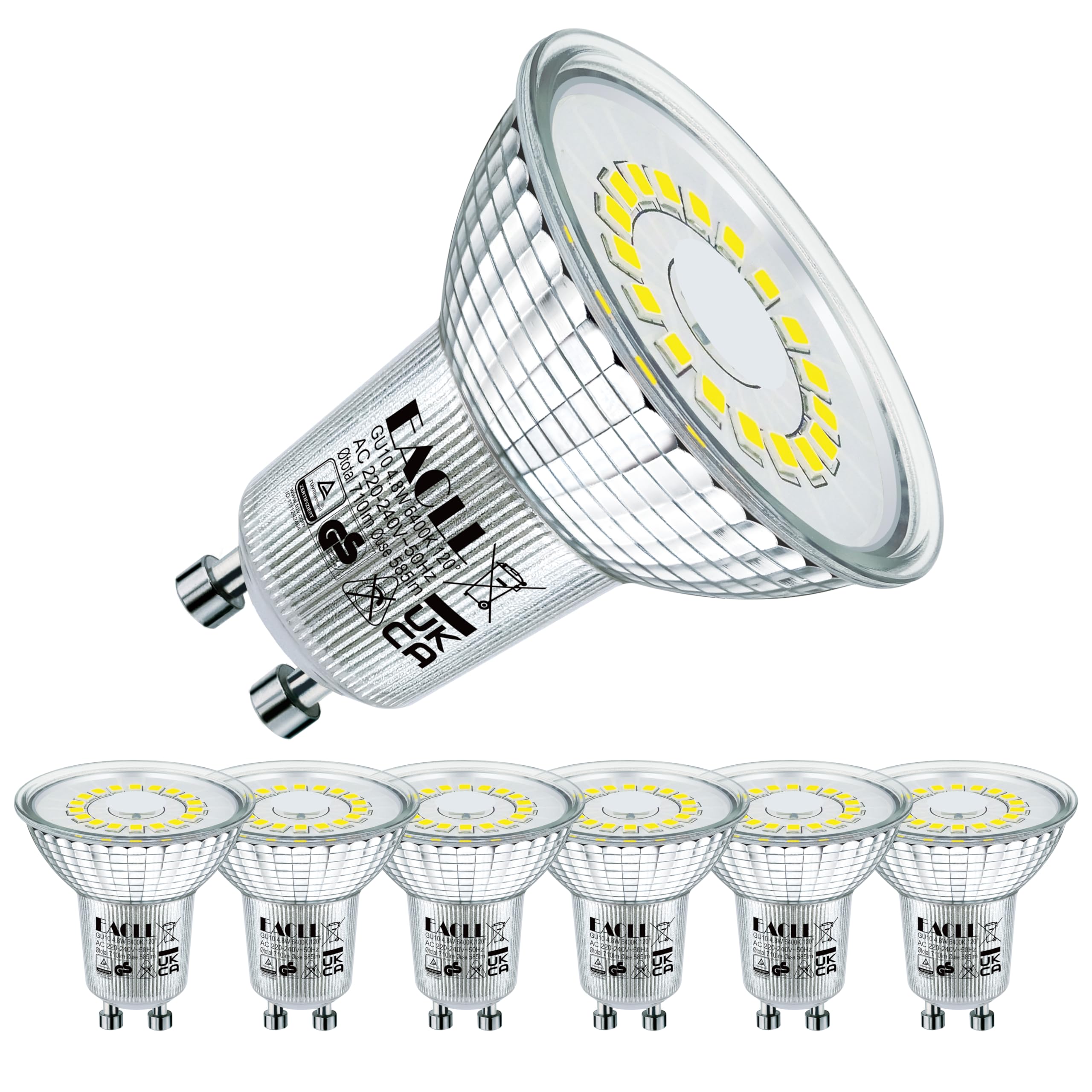 EACLL GU10 LED Bulbs Cool White 4.8W Equivalent 75W Halogen, Pack of 6, 585 Lumen 6400K Reflector Lamp, AC 230V Flicker-Free Spotlight, 120° Wide Beam Angle, Non-Dimmable Energy Saving Light — image 1