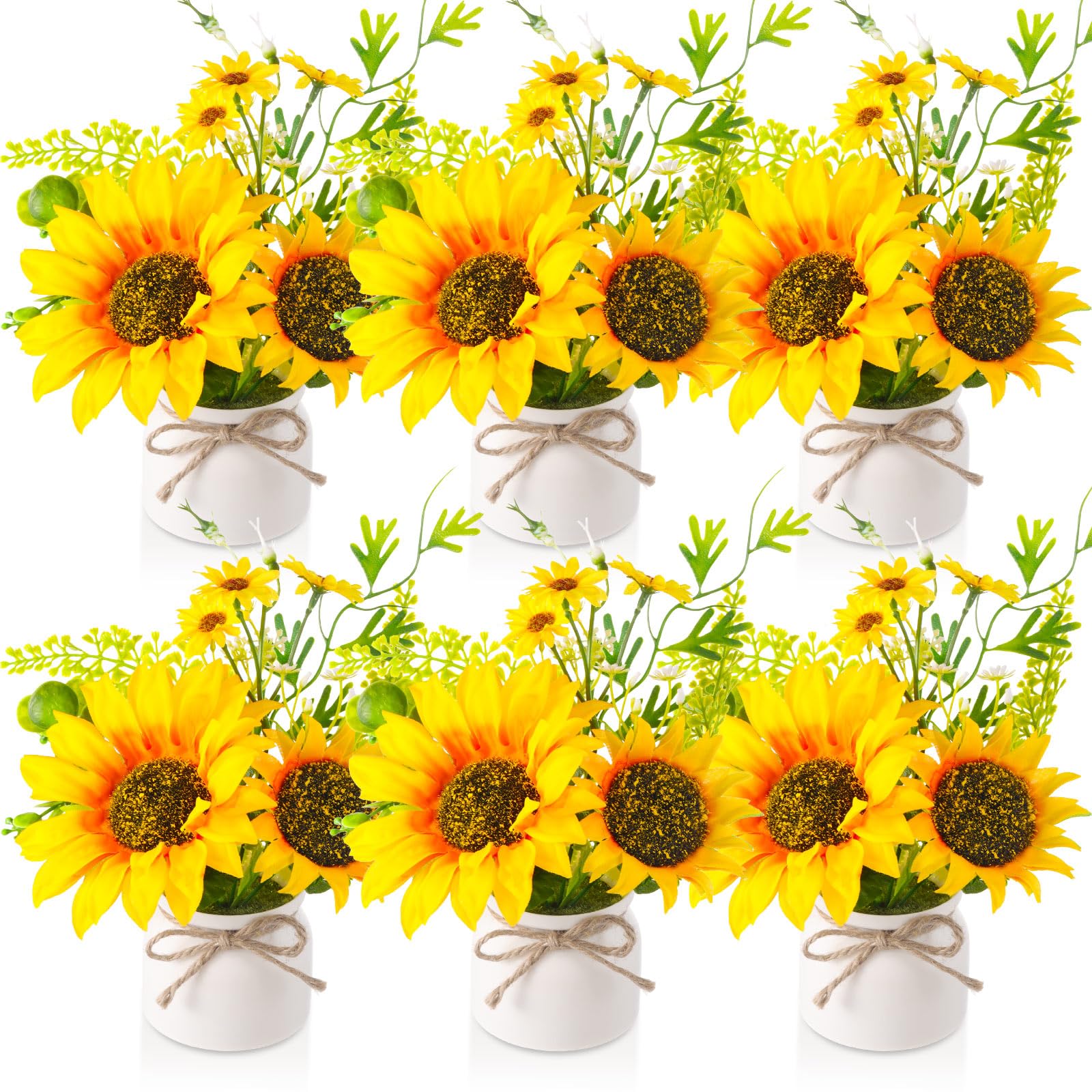 Photo 1 of Zeyune 6 Pcs Artificial Sunflower Potted Plants Rustic Silk Sunflowers for Kitchen Spring Sunflower Centerpieces for Tables Yellow Fake Flower with Plastic Pot for Summer Bathroom Wedding Office