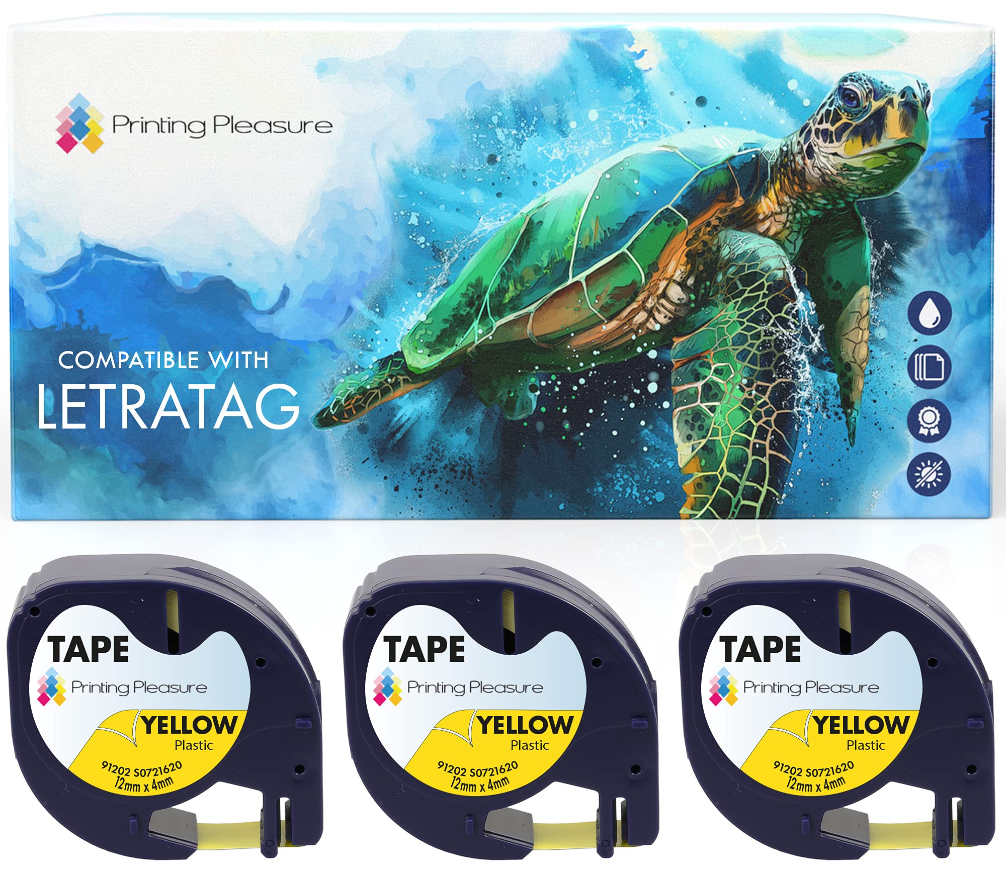 3X Compatible with LetraTag 91202 Black on Yellow (12mm x 4m) Plastic Label Tapes for LetraTag LT-100H, LT-100T, LT-110T, QX 50, XR, XM, 2000, Plus Label Makers