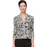 Alex Evenings Womens Stretch Embroidered Formal Event Blouse with Center Front Scallop Detail and Illusion Sleeves