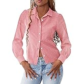 Women Y2k Plaid Button Up Shirt Vintage Long Sleeve Coquette Shirt Preppy V Neck Collared Blouse Aesthetic Work Tops