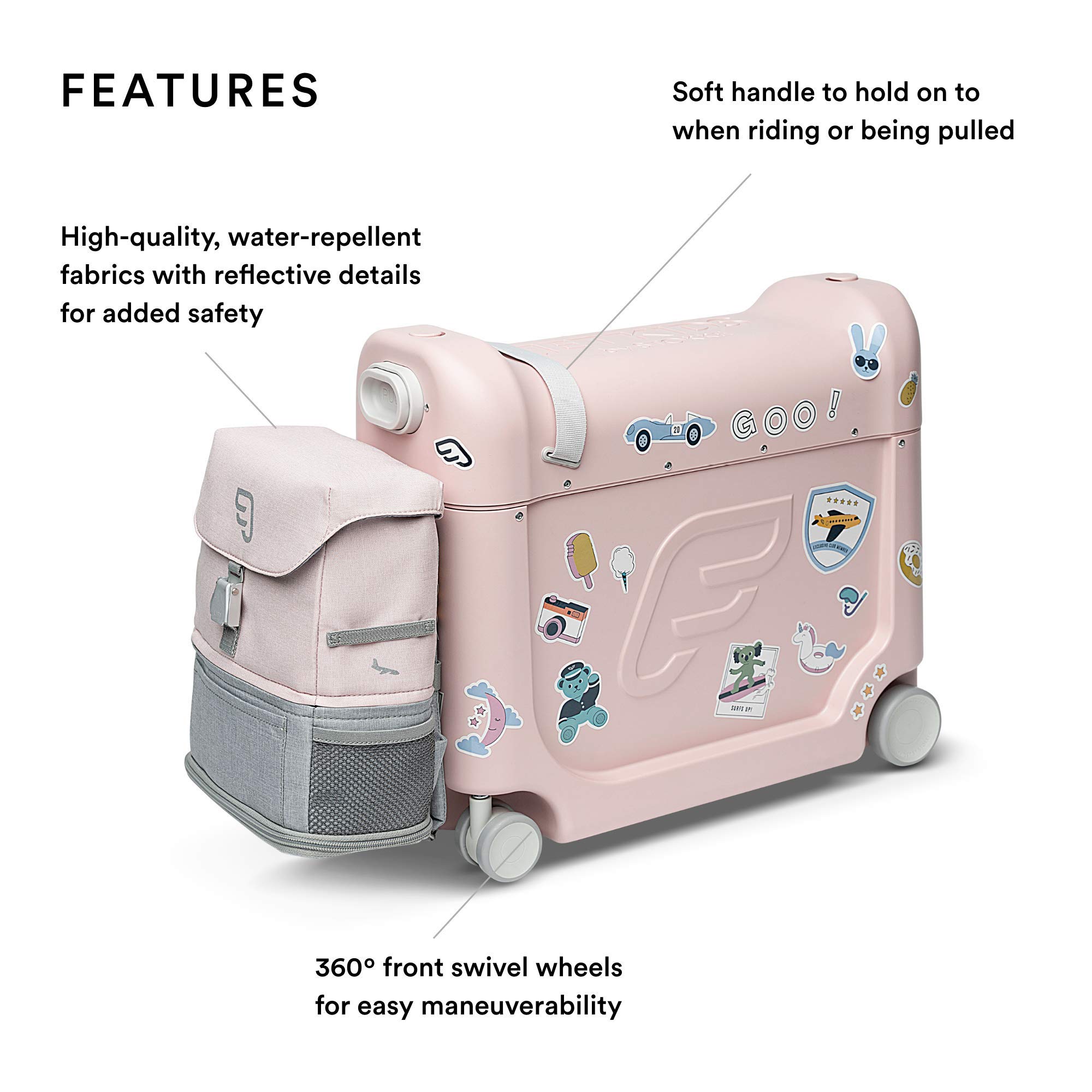 JetKids Stokke Travel Bundle, Pink - Includes BedBox Ride-On Suitcase & Backpack - Best for Kids 2-7 Years Old (Up to 77 lbs)