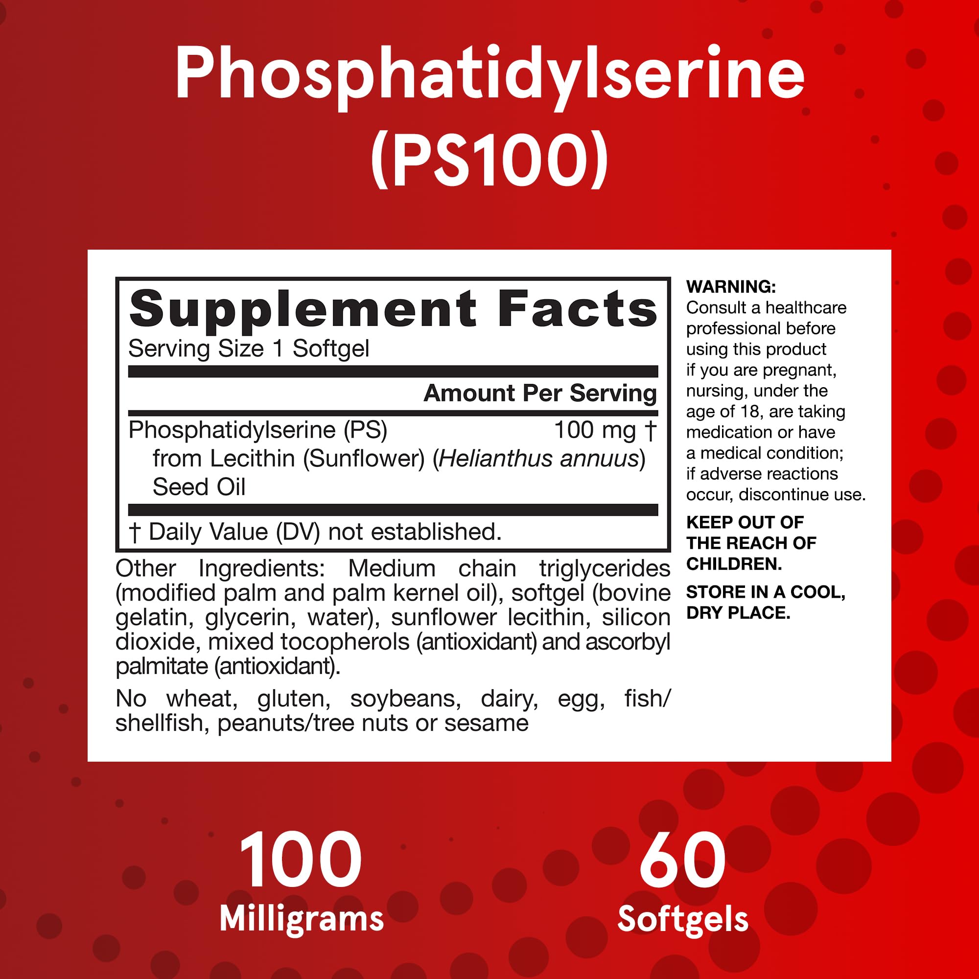Jarrow Formulas PS100 Phosphatidylserine 100 mg, Dietary Supplement for Brain Health and Cognition Support, 60 Softgels, 20-60 Day Supply