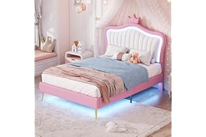HLCODCA Twin Size Upholstered Bed Frame with LED Lights, Modern Upholstered Princess Bed with Adjustable Crown Headboard, Faux Leather, for Kids Teens Boys Girls (White+Pink/Twin Size+Princess Bed)