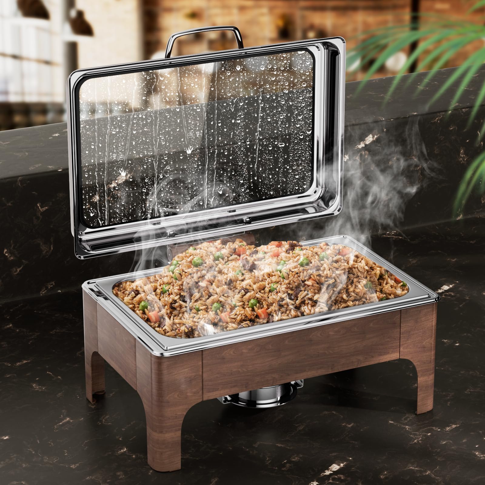 Photo 1 of Chafing Dishes for Buffet, 9.5QT Square Stainless Steel Chafing Dish with Transparent Hydraulic Lid, 304 Food Pan, Buffet Warmer for Parties and Events (Wood Color)
