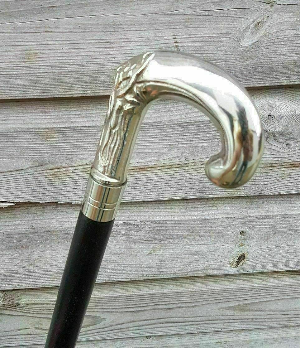 Solid Silver eva Adam Head Vintage BLACK Wooden Walking Stick Cane handmade Gift, 36 Inch