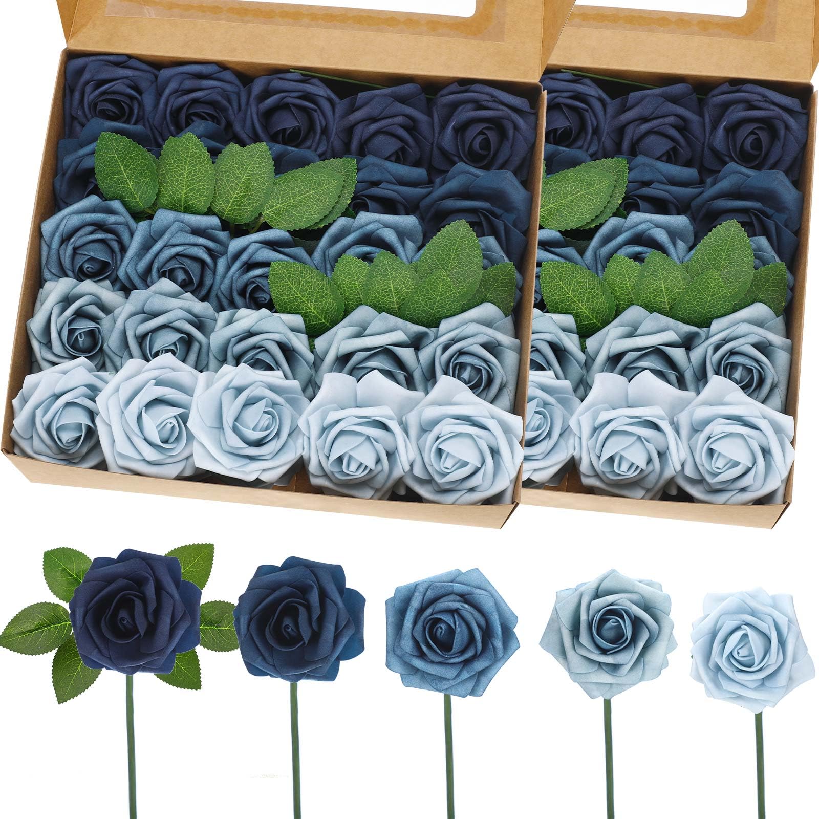 Photo 1 of Luinabio 50 Pcs Artificial Foam Rose Flowers Faux Bouquet with Leaves and Stems for DIY Wedding Bouquets Centerpieces Bridal Shower Party Valentine Home Decorations (Shades of Blue)