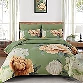 Dobuyly Queen Comforter Set 7 Piece Bed in a Bag, Olive Green Floral Comforter Set with Sheets, Soft Microfiber Botanical Flower Bedding Set for All Season