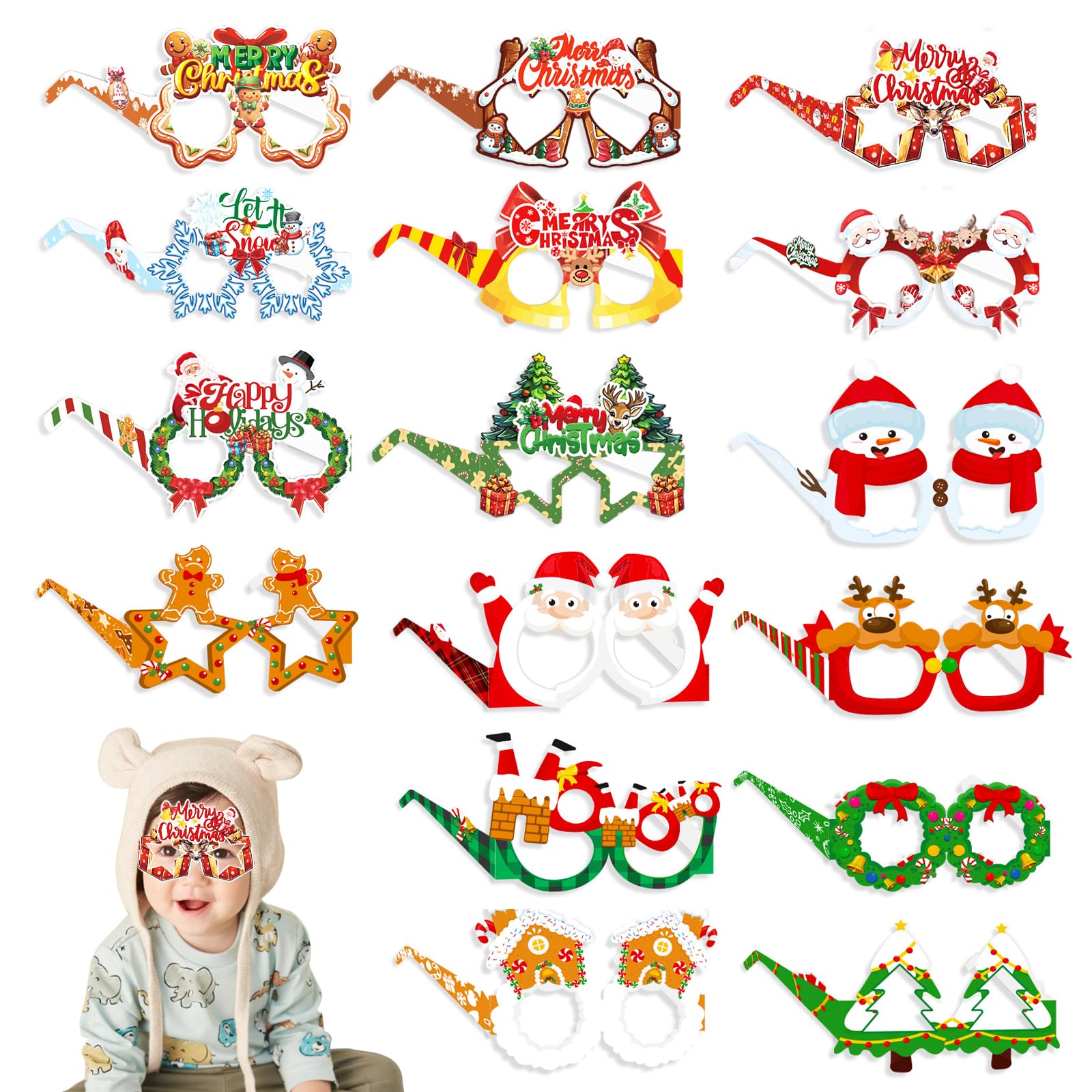 Bliceon 16PCS Christmas Glasses Novelty Paper Xmas Party Glitter Glasses, Xmas Eyeglasses Christmas Photo Booth Props Accessories to Wear Decoration Children Gift