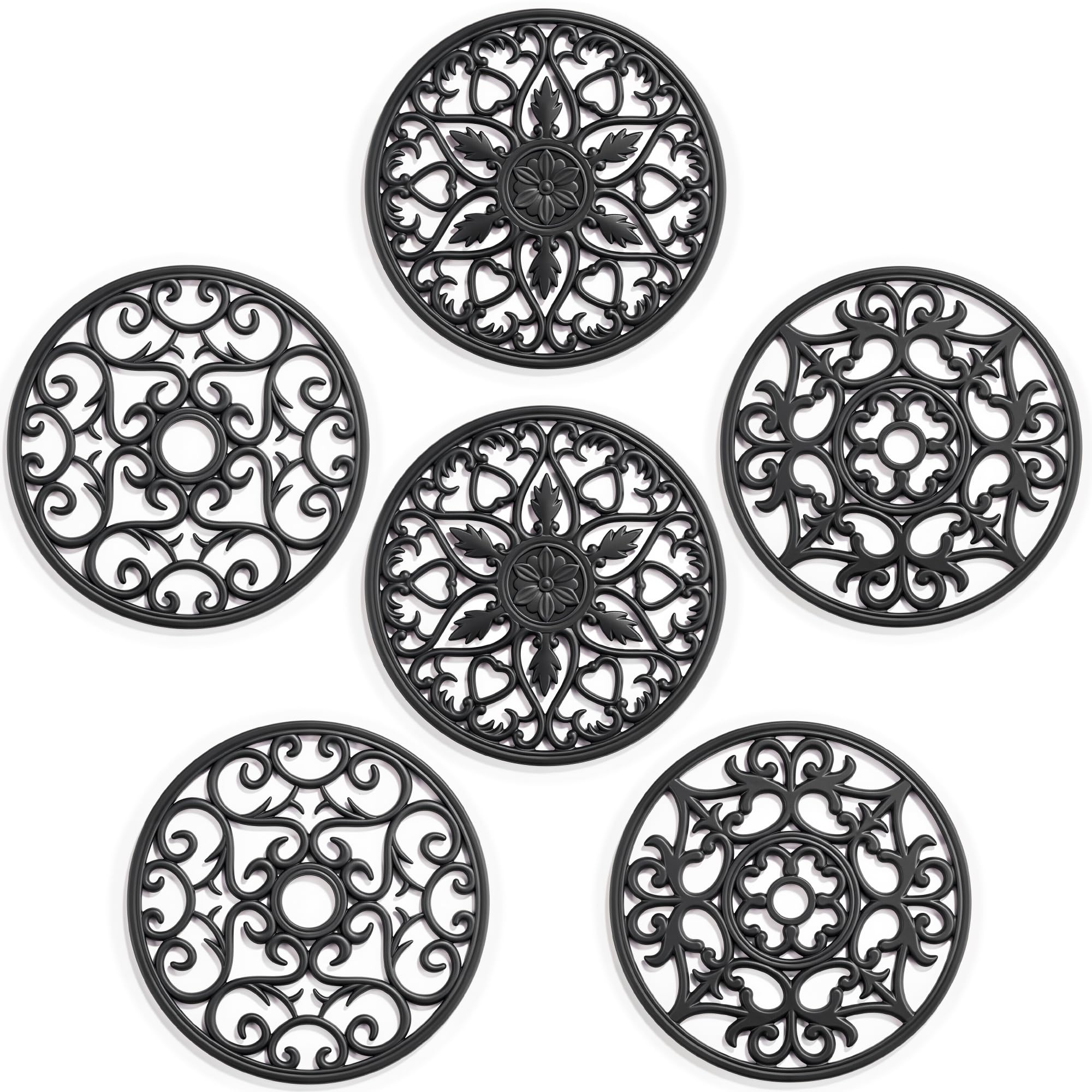 Photo 1 of SMARTAKE 6 Set Silicone Trivet Mats, Multi-Use Intricately Carved Coasters, Insulated Non-Slip Durable Kitchen Mats, Flexible Modern Kitchen Table Mat, for Hot Dishes, Pots, Countertop (Black)