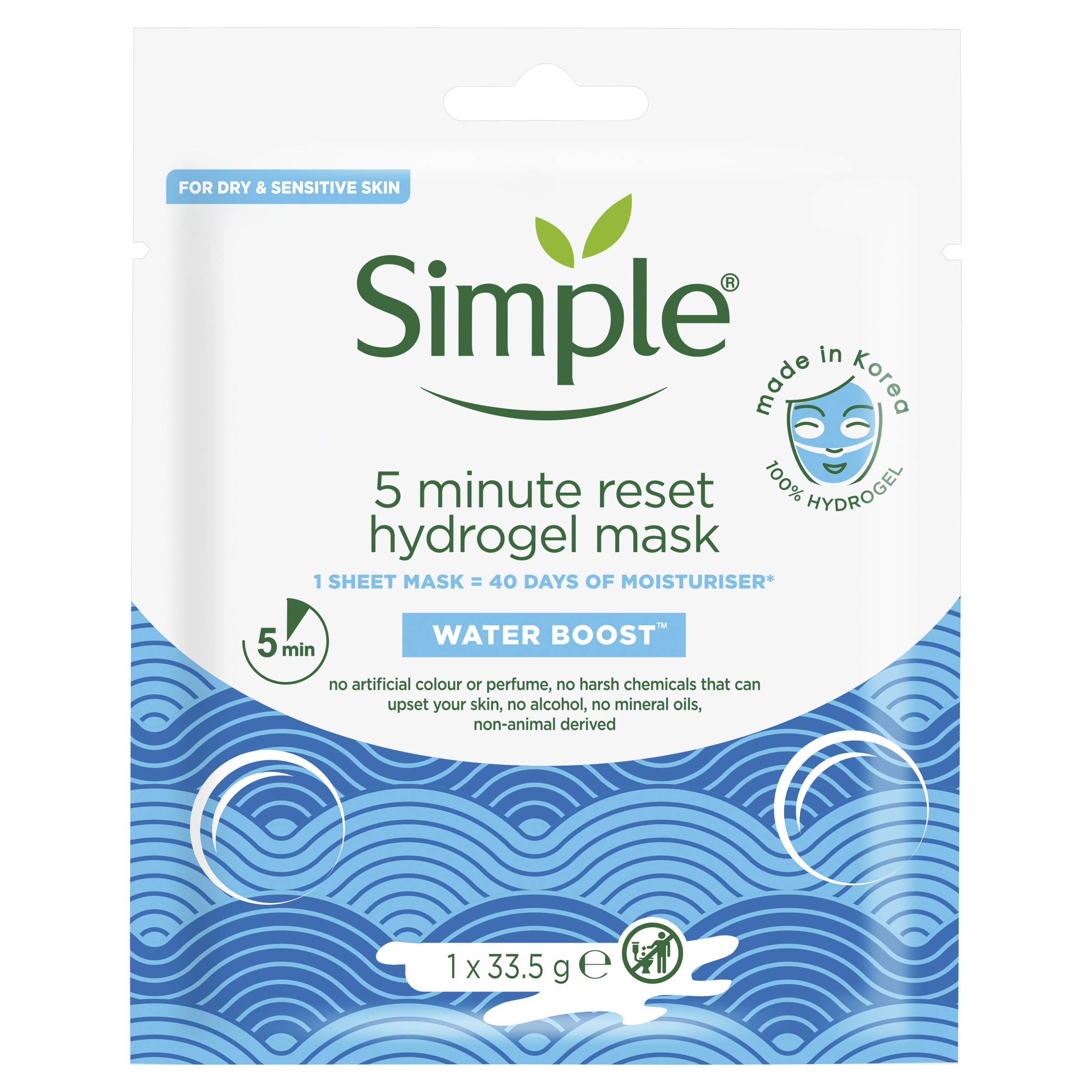 Simple Face Mask, Water Boost, 5-Minute Reset Hydrogel Korean Face Mask, Sheet Mask (Pack of 4)