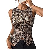 OYOANGLE Women's Leopard Print Button Front Tank Top Sleeveless Split Hem Y2K Going Out Tops