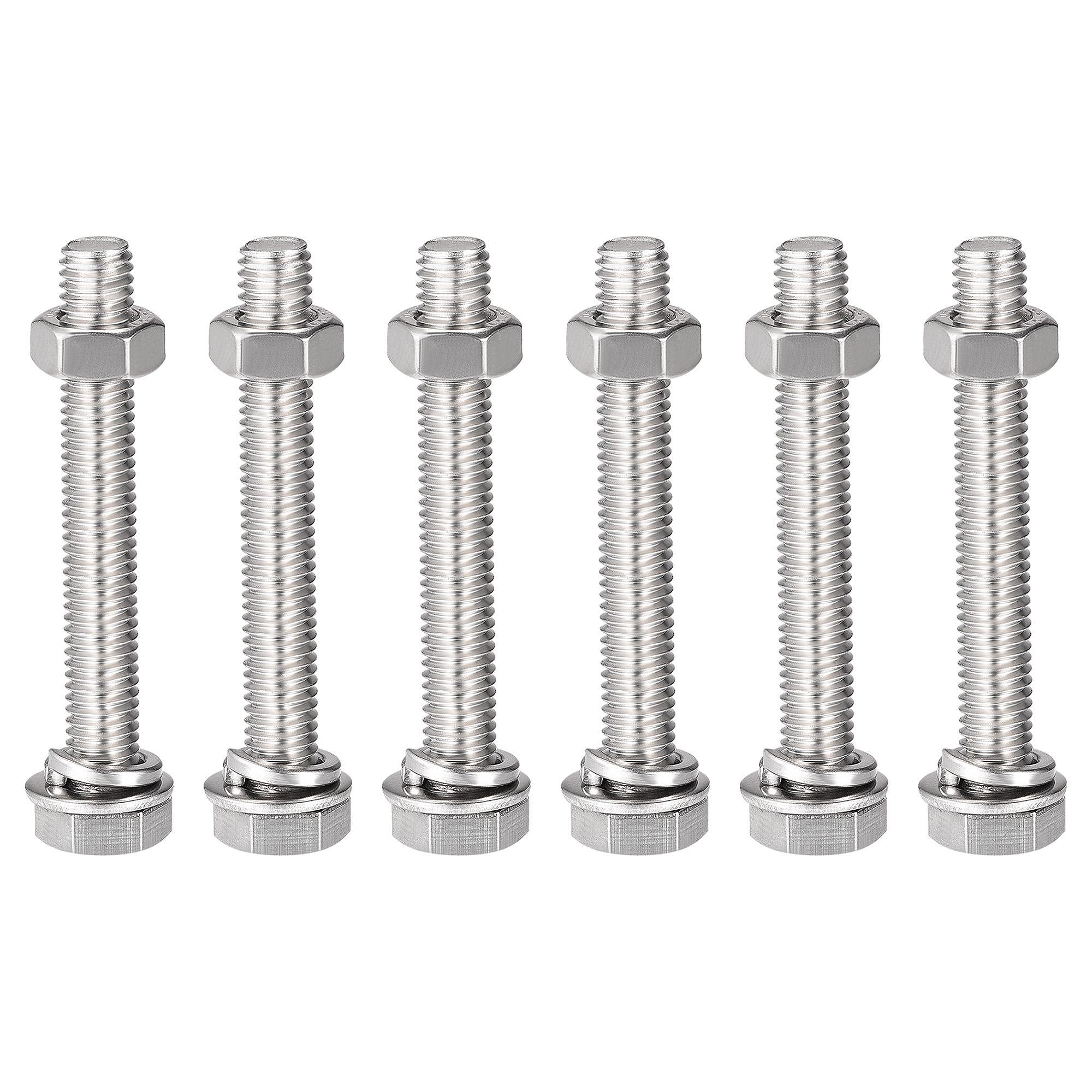 sourcing map M8 x 55mm Hex Head Screws Bolts, Nuts, Flat & Lock Washers Kits, 304 Stainless Steel Fully Thread Hexagon Bolts 6 Sets — image 1