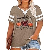 Plus Size Thanksgiving Shirts Women Thankful Grateful Blessed Shirt Leopard Pumpkin Print Casual Fall Tops
