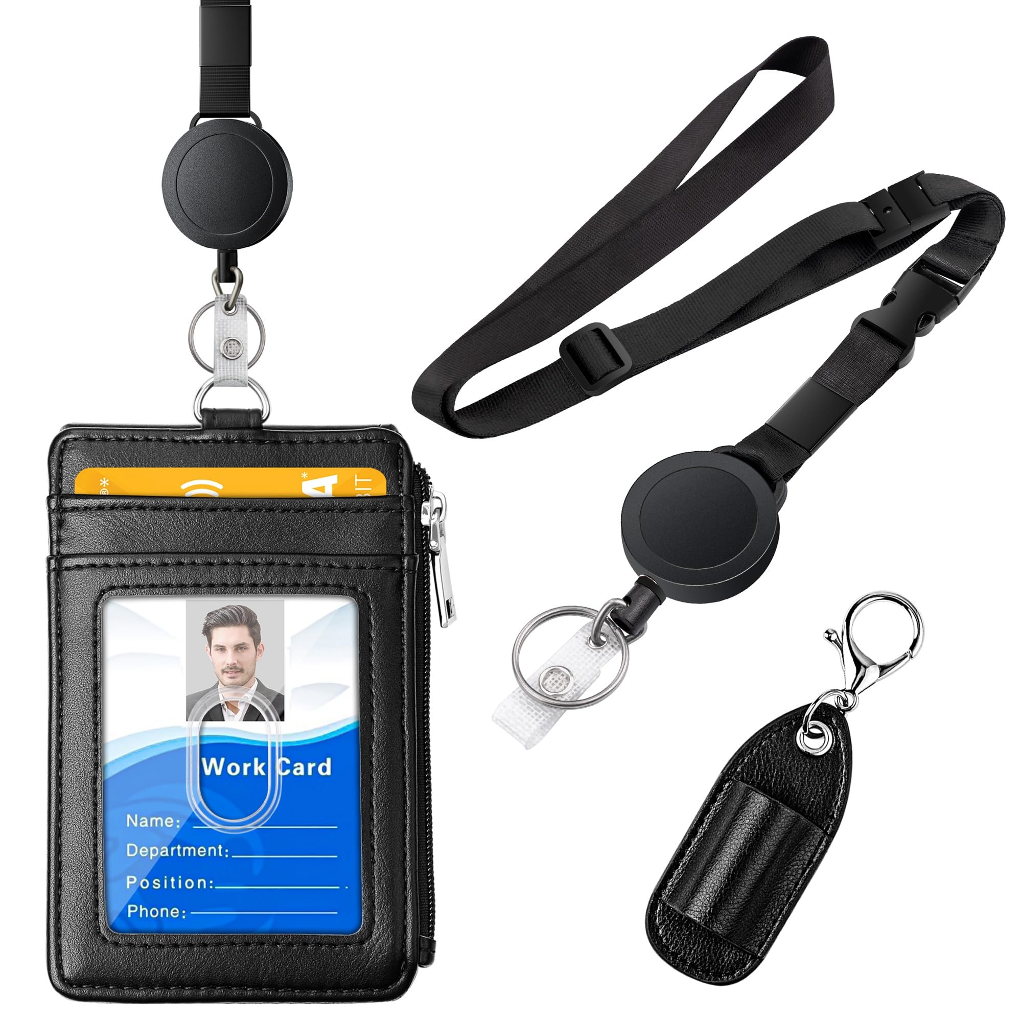 ID Badge Holder with Retractable Lanyard, PU Leather ID Badge Card