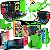 Orzly Switch Accessories Bundle – Includes Orzly Carry Case for Nintendo Switch Console, Tempered Glass Screen Protectors, USB Charging Cable, Switch Games Case, Comfort Grip Case & Headphones [Green]