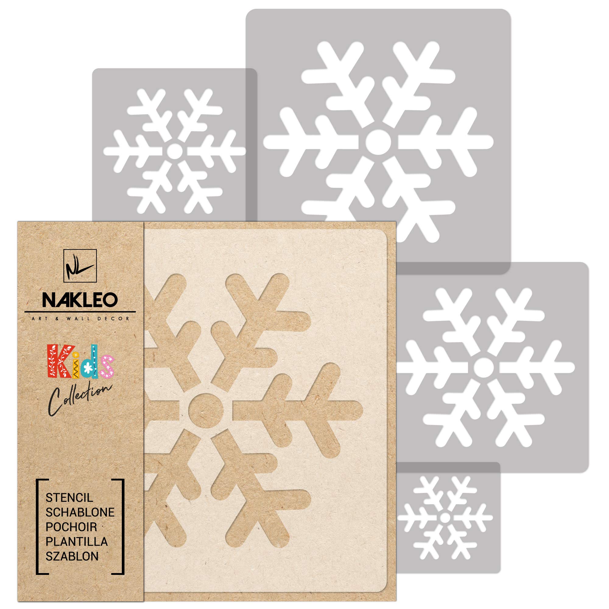 NAKLEO Painting Stencils Set for Nursery Room, 5 Pcs Templates 9x9 to 34x34cm Snowflake, Plastic and Reusable Drawing Stencils, Decor, Craft DIY Wall Furniture