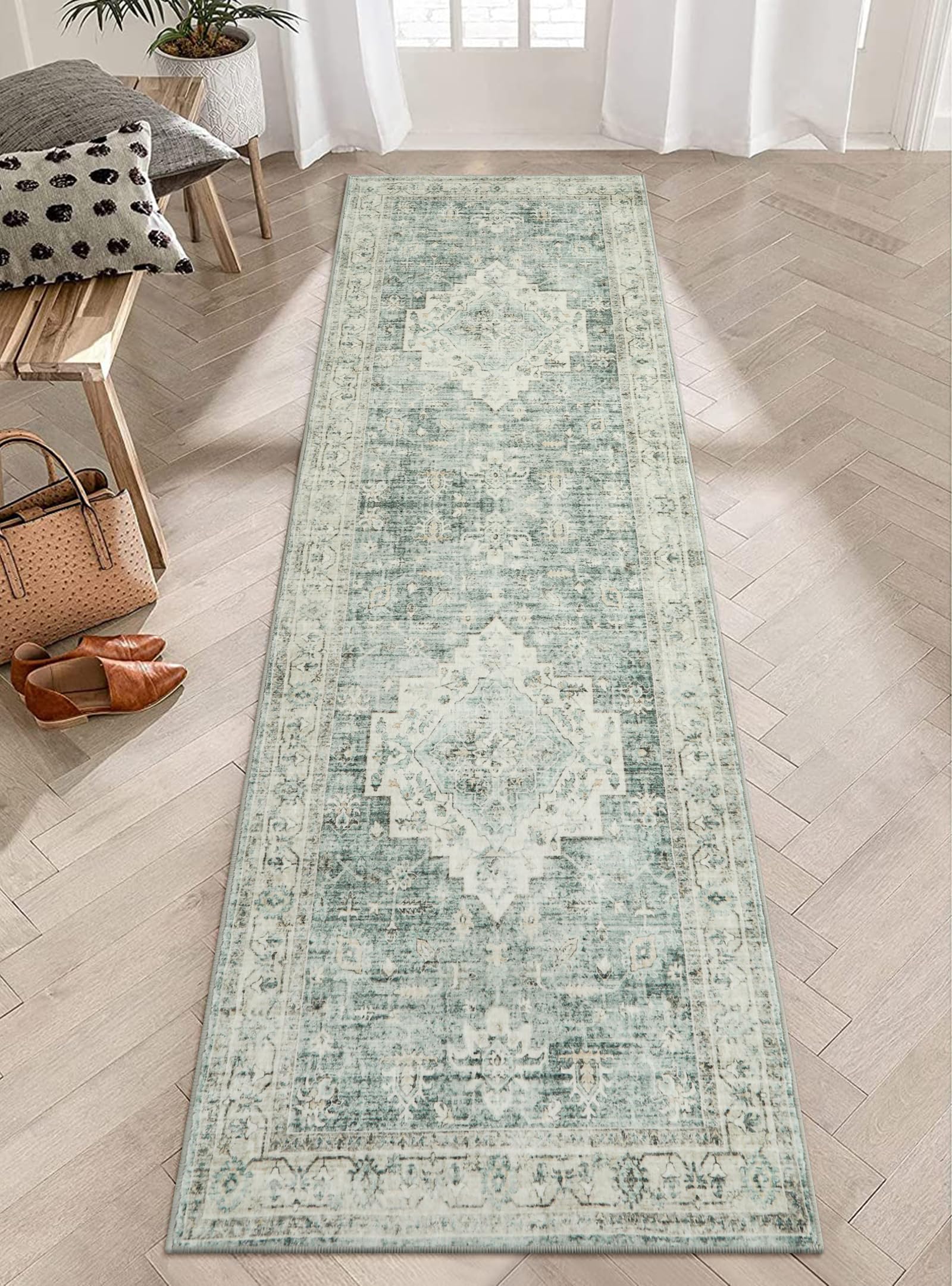 Photo 1 of LIVEBOX Washable 2.5x8 Runner Rugs for Entryway Bathroom, Boho Kitchen Floor Mats Long Rug Runners for Hallways Non Slip, Farmhouse Low-Pile Carpet Runners for Laundry Room, Sage Green