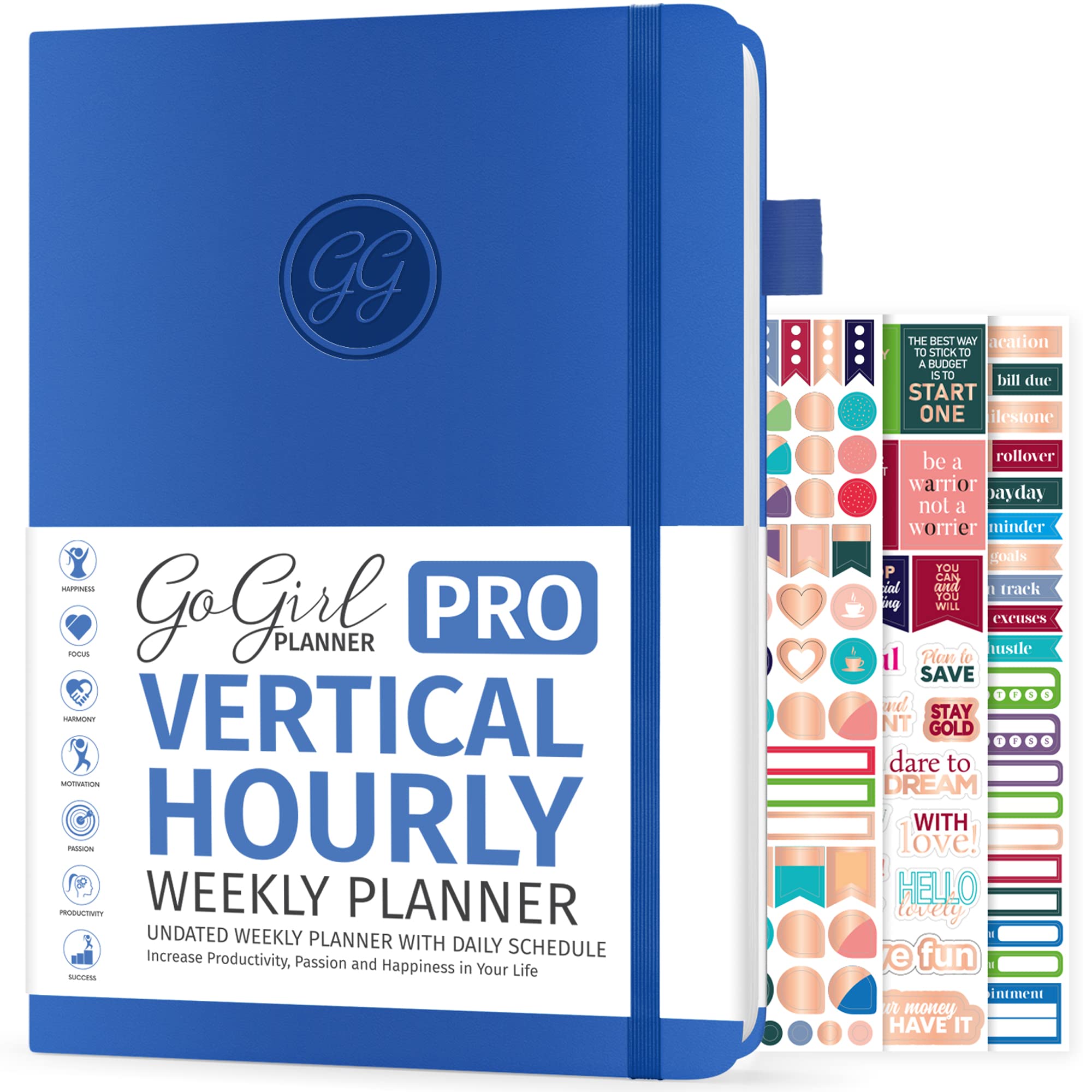 GoGirl Planner PRO Schedule - Undated Planner with Hourly Time Slots, Monthly, Weekly & Daily Organizer, Appointment Book for time Management, 18 x 25.5cm, Hardcover, Lasts 1 Year - Blue