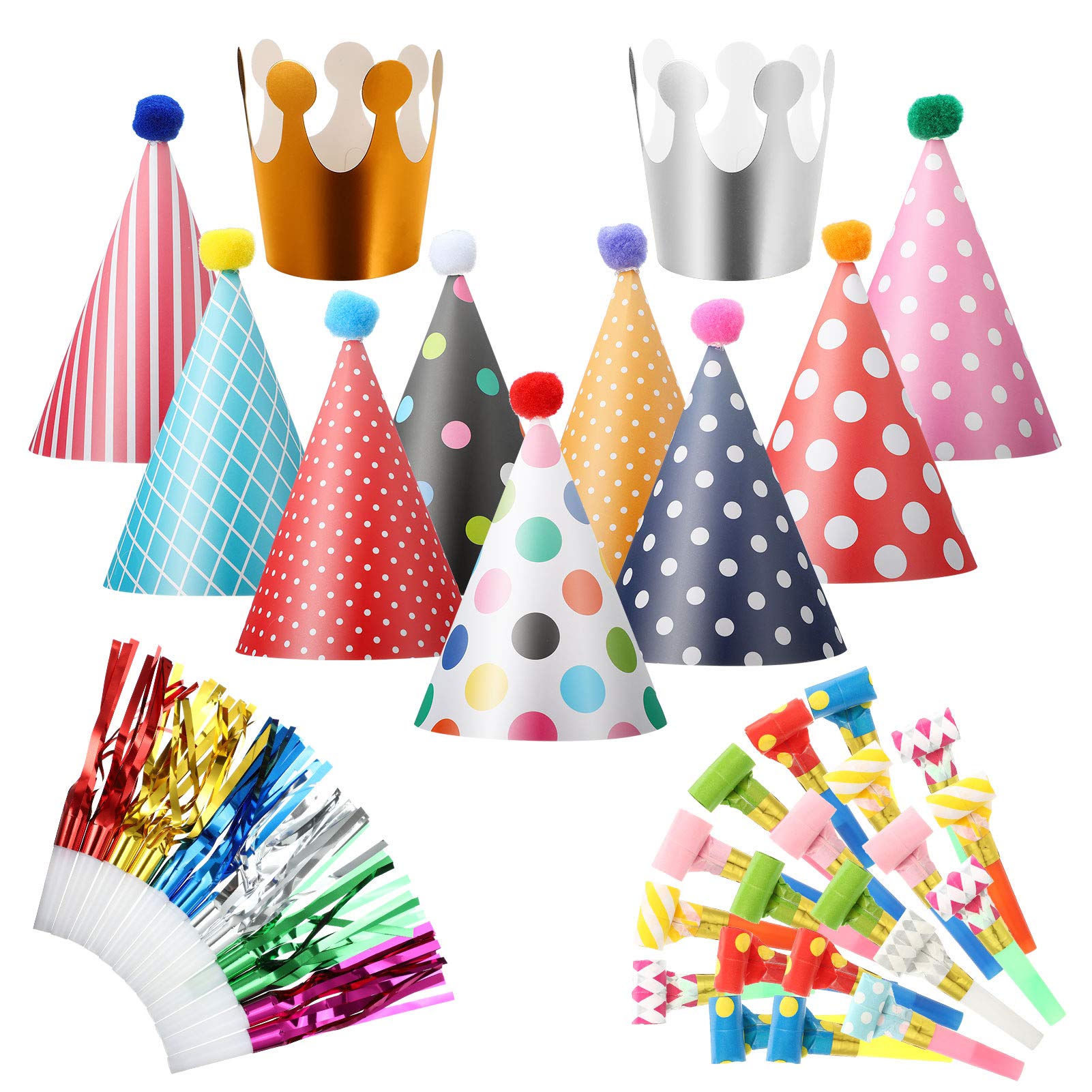 FRIUSATE 38 Packs Party Hats Set, 11 Pcs Birthday Cone Hats Lovely Crown with Pom Poms, 15 Pcs Colorful Blowouts, 12 Tassel Blowouts, Birthday Party Decorations for Kids Adults