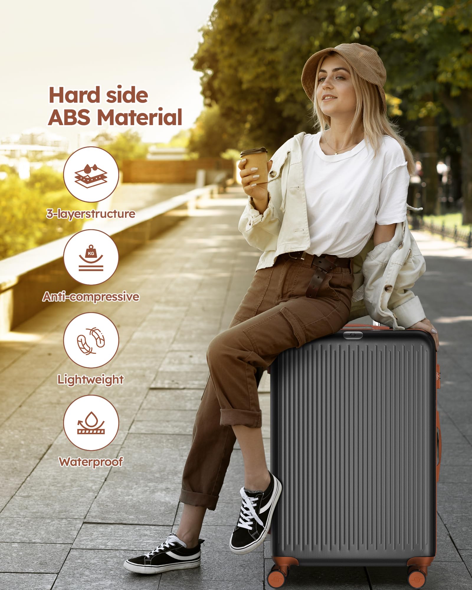 3 Piece Luggage Sets Expandable, Hardshell Travel Suitcase with Double Spinner Wheels and TSA Lock (Black Brown)