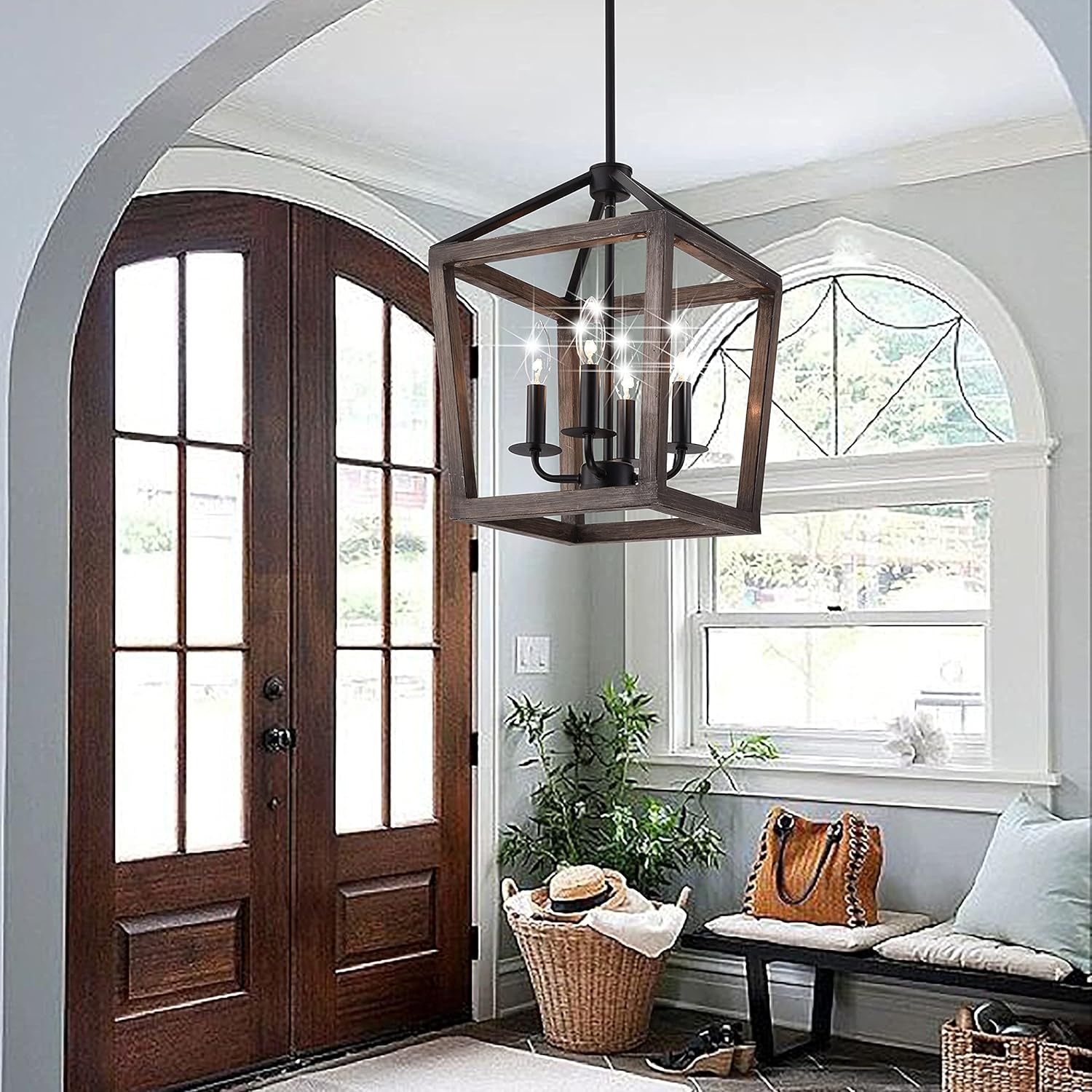 4-Light Chandelier Rustic Metal Pendant Light, Adjustable Height Lantern Hanging Light with Wood Finish, Farmhouse Lighting Fixtures for Living Room, Kitchen, Hallway and Entryway. - - 
