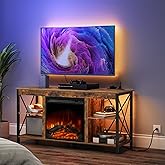 HOOBRO Fireplace TV Stand with Charging Station and LED Lights, TV Stand with Fireplace for TVs up to 55", Entertainment Center with Fireplace, Glass Shelves, Rustic Brown and Black BF120UDDS01