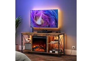 HOOBRO Fireplace TV Stand with Led Lights and Power Outlets, Wooden Media Entertainment Center Console Table with Glass Shelv