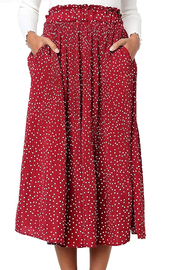 ECOWISH Damen Röcke Boho Lang Sommerrock A-Linie Punkte Faltenrock Casual Maxi Strandrock Mit Taschen