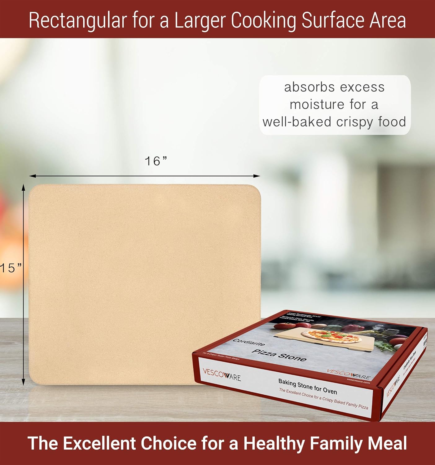 Vescoware Pizza Stone for Oven - Baking Stone for Bread - 16x15 inch Rectangular Pizza Stone for Grill with Recipes E-Book : Garden & Outdoor